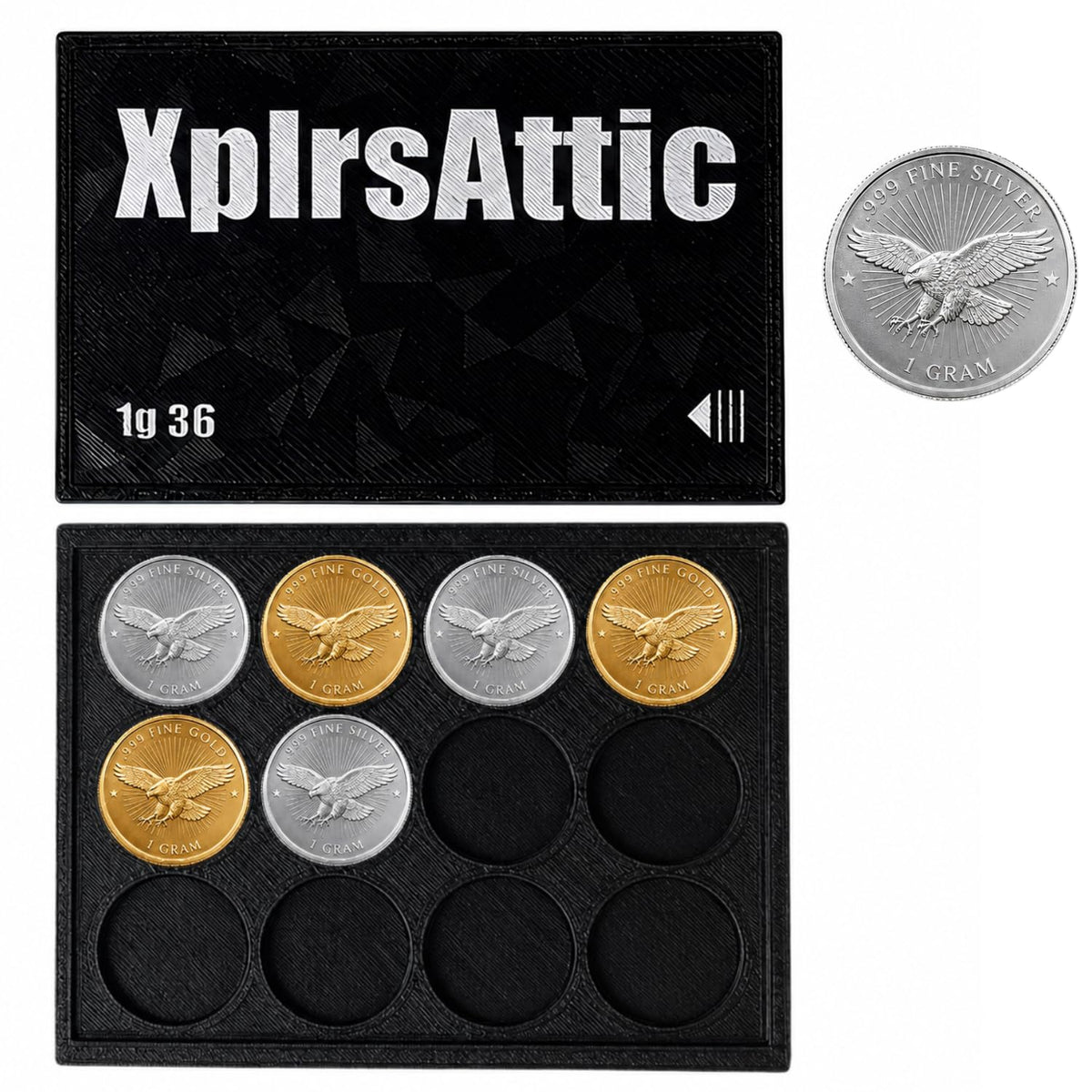 XplrsAttic 1 Gram Round Storage Case - 36-Slot Holder for Gold, Silver & Platinum Bullion Rounds, 15mm Precision Slots with Sliding Cover