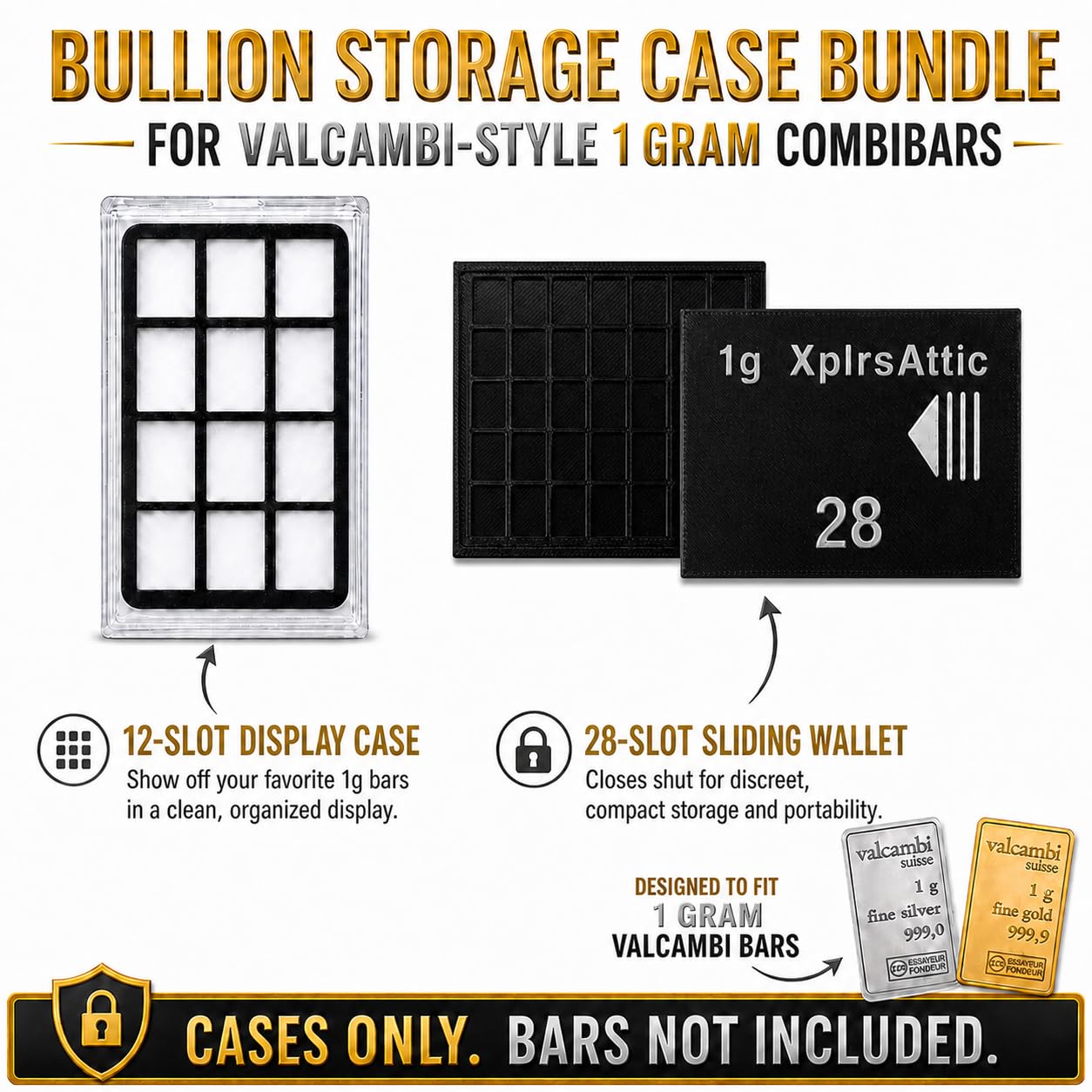1g Bullion Bar Storage Case Bundle – 28 Slot Sliding Wallet + 12 Slot Display Case for Valcambi Style CombiBars, Silver Gold Platinum Bar Organizer, Desk Safe Pocket Storage (Cases Only)