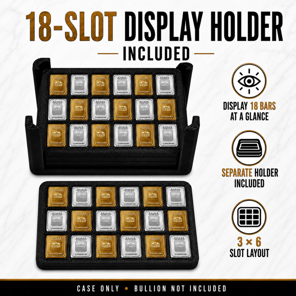 XplrsAttic 180-Slot Bullion Bar Storage Case - 1 Gram Geiger-Style Square Bar Organizer, 9 Removable 18-Slot Trays, Compact Display Holder, Case Only