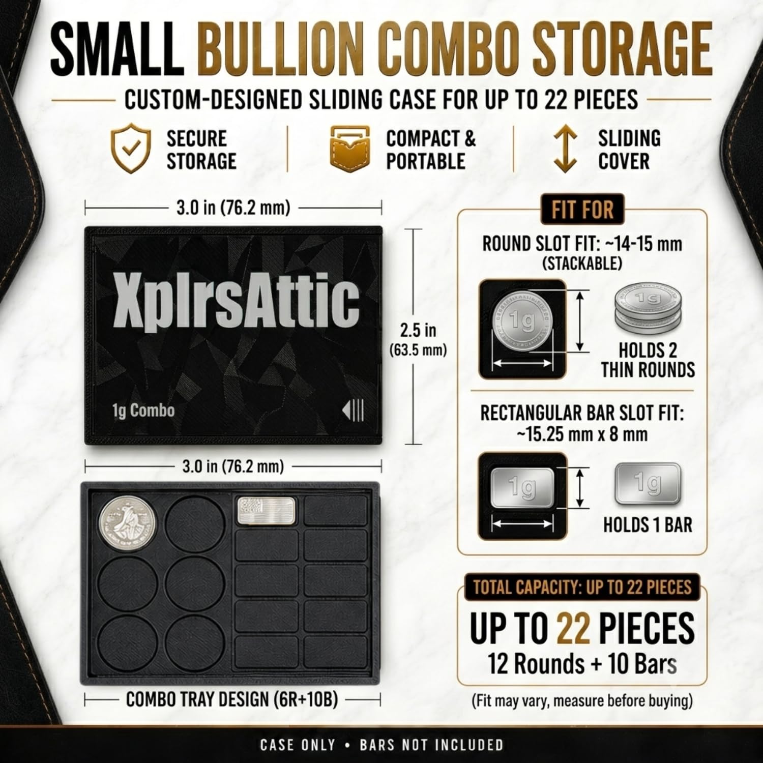 XplrsAttic Combo Coin & Bar Storage Case 16 Slot Wallet for Gold & Silver 1 Gram Rounds and Bars, Holds Up to 22 Pieces, Coin Collecting Accessories & Supplies, Sliding Cover, Case Only