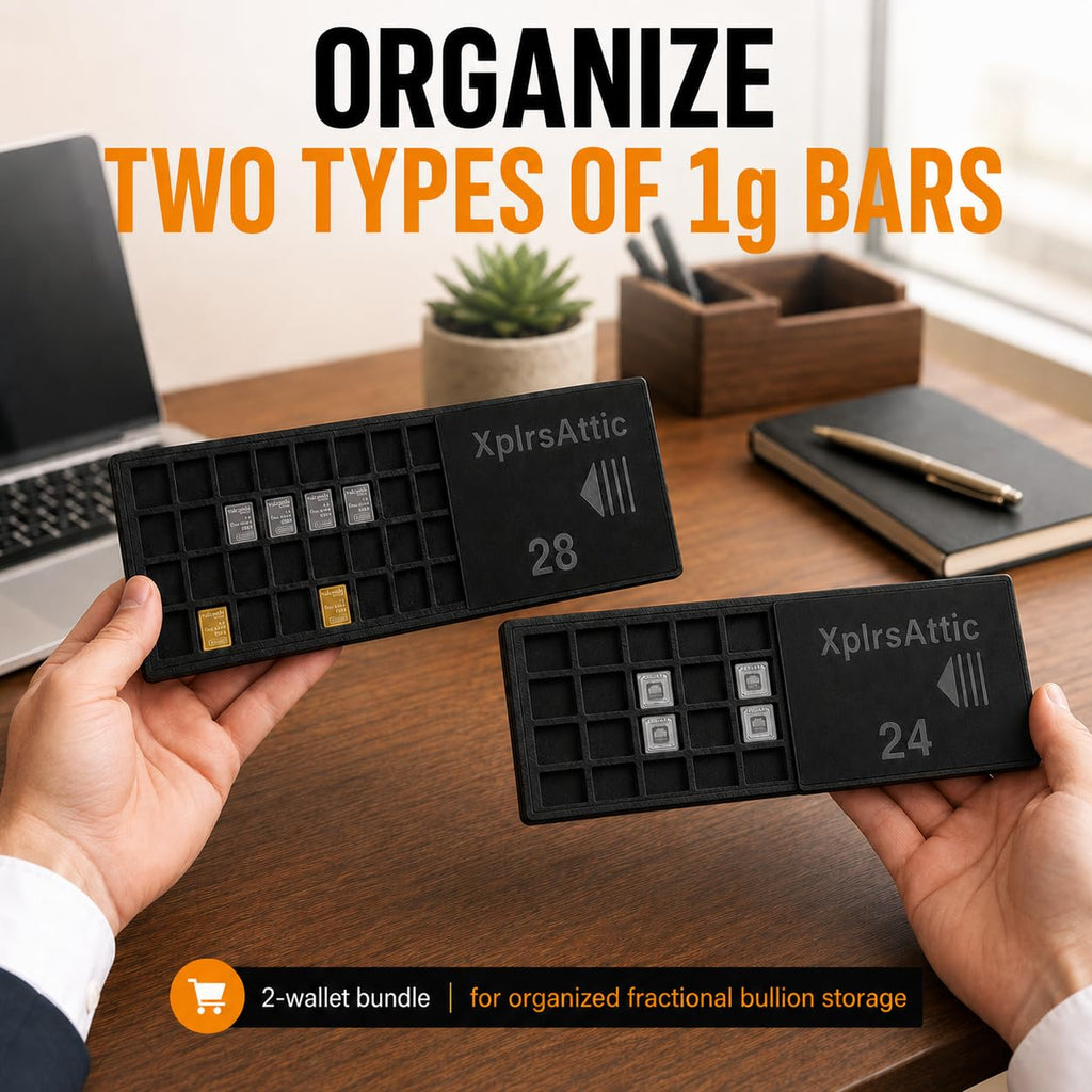 1 Gram Bullion Bar Storage Wallet Bundle, 28-Slot Valcambi-Style 1g Bar Holder & 24-Slot Geiger-Style Square Bar Case, Fractional Gold Silver Platinum Organizer, 2-Pack, Cases Only