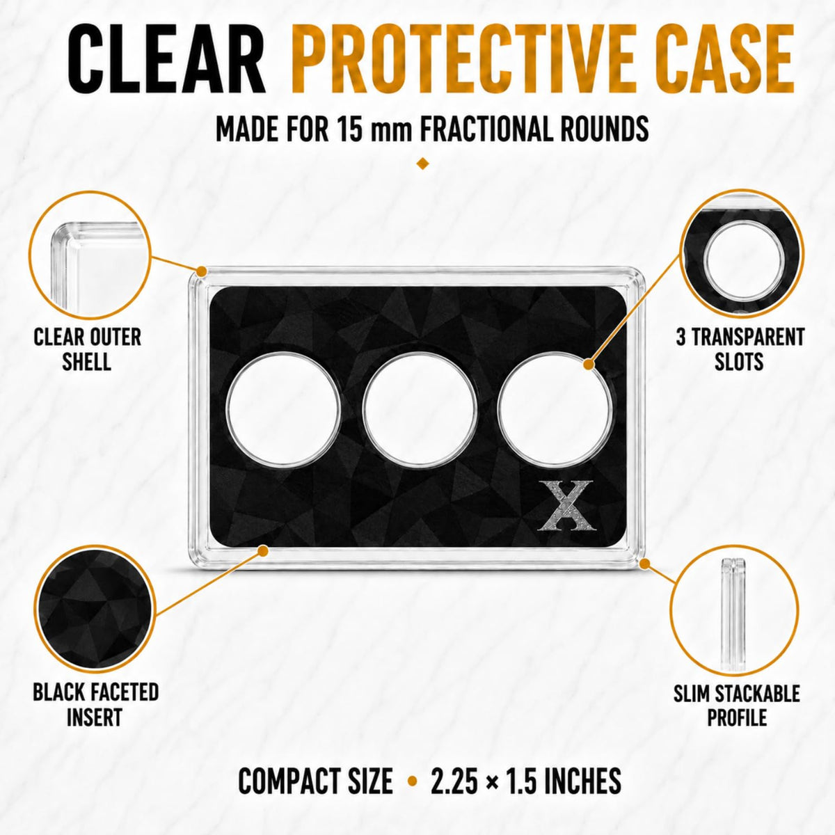XplrsAttic 3 Slot Round Display Case, Fits 15mm 1 Gram Gold & Silver Rounds, Holds Up to 12 Stacked (4 Per Slot), Slim Stackable Coin Display Case