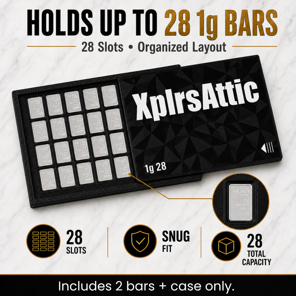 XplrsAttic 1 Gram Bullion Bar Holder Case - 28-Slot Valcambi-Style CombiBar Storage Wallet for Gold Silver Platinum Bars, Stacker Organizer