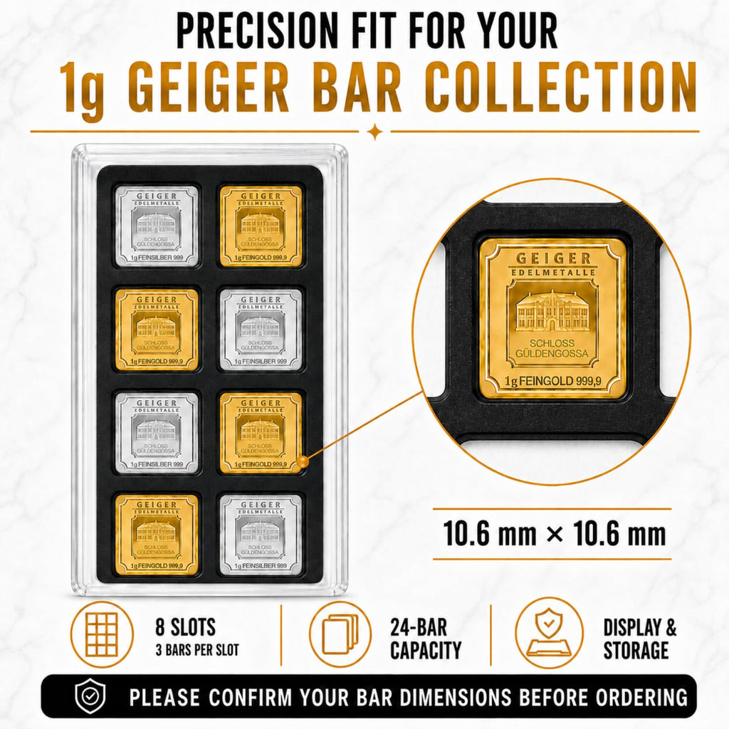 XplrsAttic 1 Gram Square Bar Display Case, Holds 24 Geiger Style Gold Silver Bars, 8 Deep Slots Stack 3 Per Slot, Clear Stackable Coin Collection Holder, Case Only