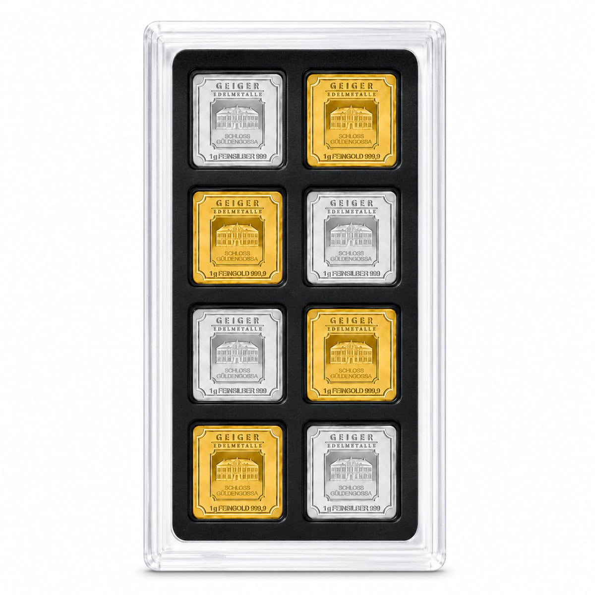 XplrsAttic 1 Gram Square Bar Display Case, Holds 24 Geiger Style Gold Silver Bars, 8 Deep Slots Stack 3 Per Slot, Clear Stackable Coin Collection Holder, Case Only