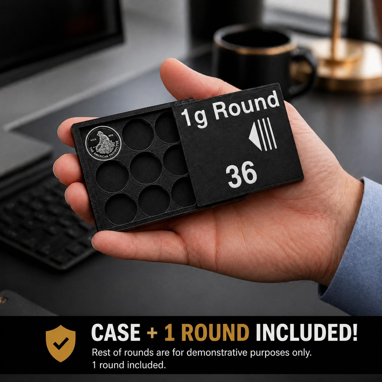 Bullion Storage Case for 1g Rounds - Holds 36 Gold Silver Platinum Rounds - 15 mm Precision Holder with Sliding Cover - Compact Organizer (1 Silver Round Included)
