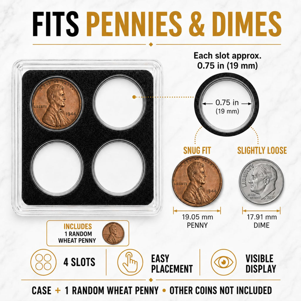 XplrsAttic 4 Slot Coin Display Case for Pennies & Dimes, Includes Lincoln Wheat Penny, Compact 2x2 Tabletop Holder, Beginner Coin Collecting Starter Kit