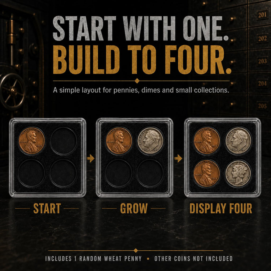 XplrsAttic 4 Slot Coin Display Case for Pennies & Dimes, Includes Lincoln Wheat Penny, Compact 2x2 Tabletop Holder, Beginner Coin Collecting Starter Kit