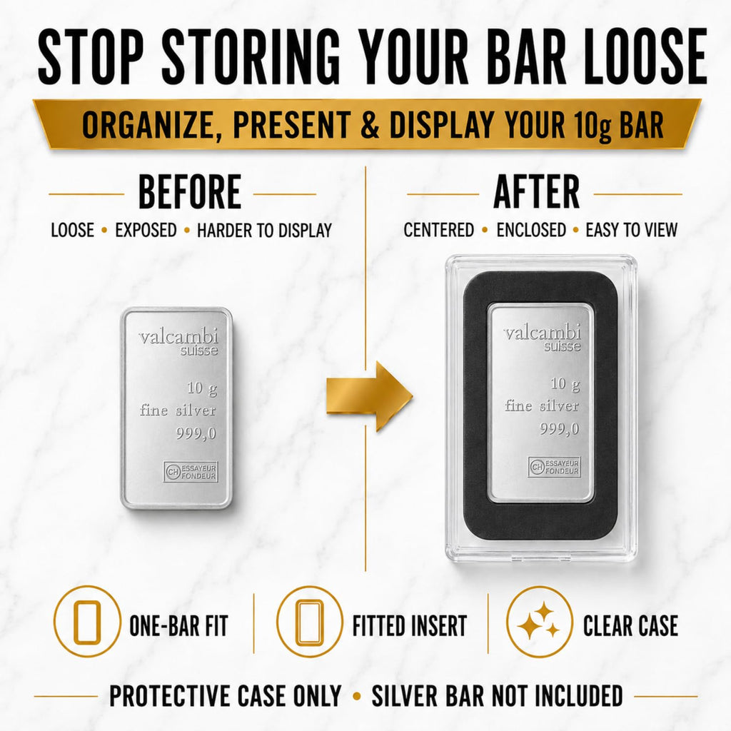 XplrsAttic 10 Gram Silver Bar Protective Case - Clear Display Holder for Valcambi-Style 10g CombiBar, Fitted Black Insert, Single Bar Format, Case Only