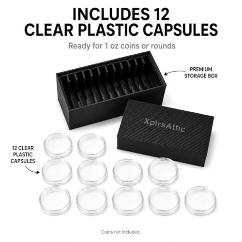 Coin Capsule Storage Box with 12 Capsules – Holds 1 oz Silver Rounds, Morgan Dollars & Peace Dollars up to 40 mm – Bullion & Coin Organizer Case