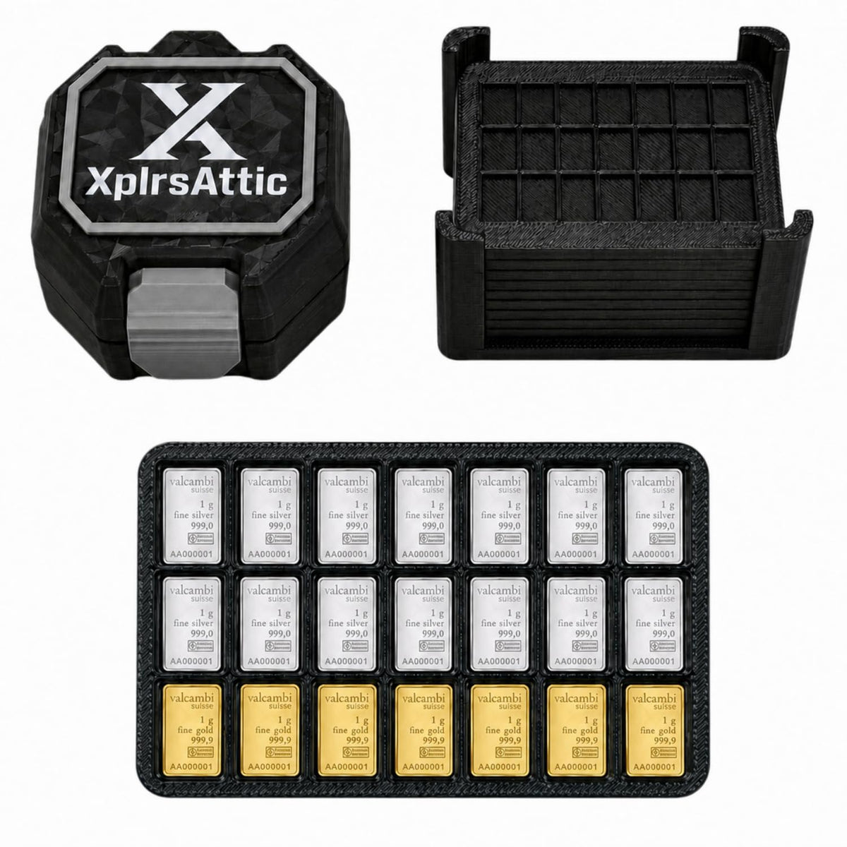 XplrsAttic 210-Slot Bullion Bar Storage Case - 1 Gram Valcambi-Style CombiBar Organizer, 10 Removable 21-Slot Trays, Compact Display Holder, Case Only