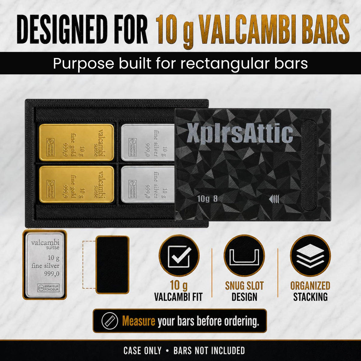 XplrsAttic 10 Gram Bullion Bar Storage Case, Holds 8 Gold Silver Valcambi Bars, 4 Deep Slots Stack 2 Per Slot, Slim Magnetic Sliding Wallet, Coin Case, Bars Not Included