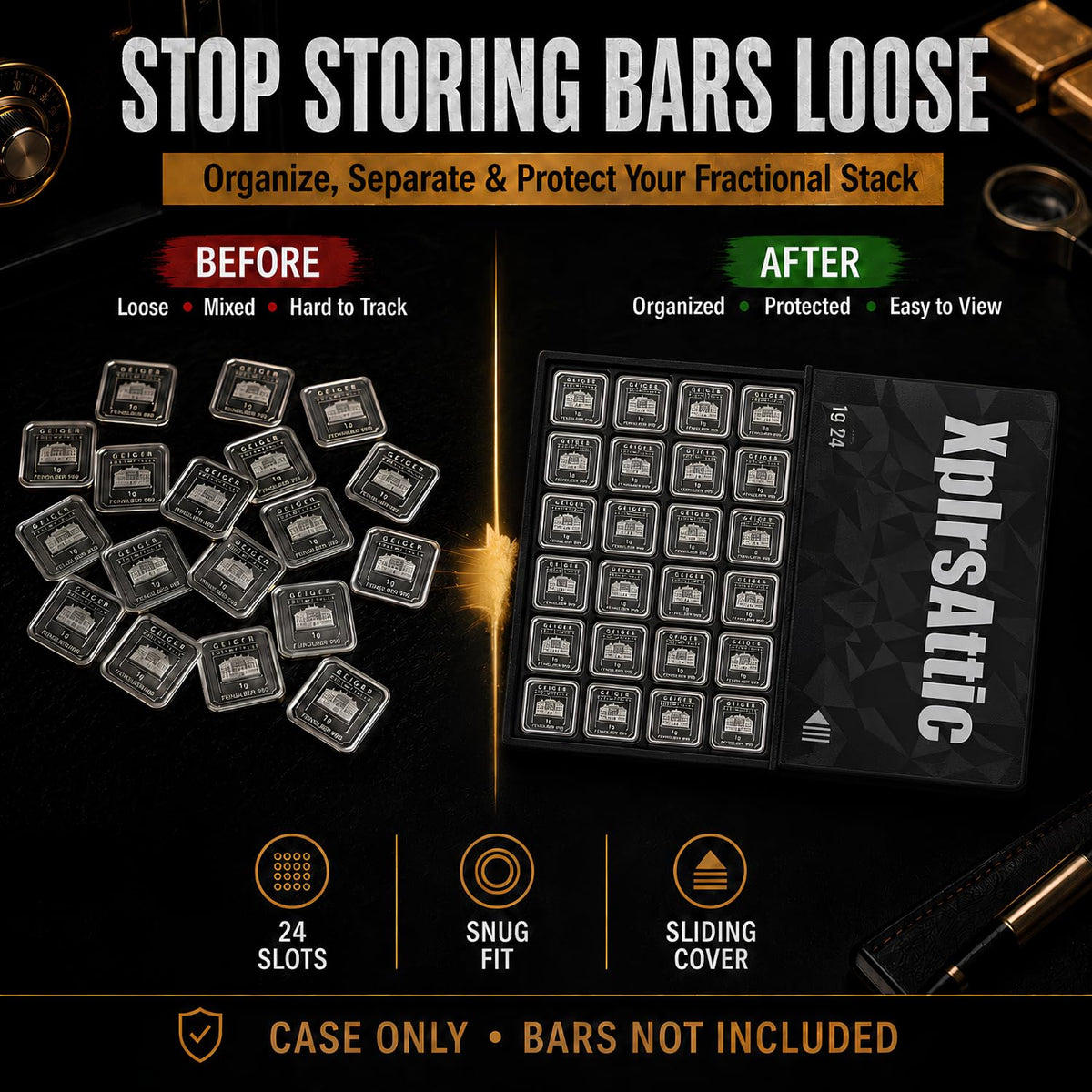 XplrsAttic 1 Gram Bullion Bar Storage Case - 24-Slots Wallet for Geiger-Style Fractional Gold & Silver Bars, Compact Stacker Organizer, Case Only