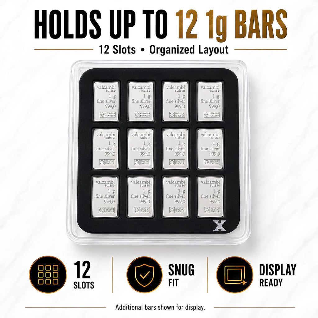 XplrsAttic 1 Gram Silver Bar Display Case 12-Slot Bullion Holder for Valcambi Style CombiBars, Fractional Gold Silver Platinum Stacker Organizer, Wide Format Clear Display Case, Case Only