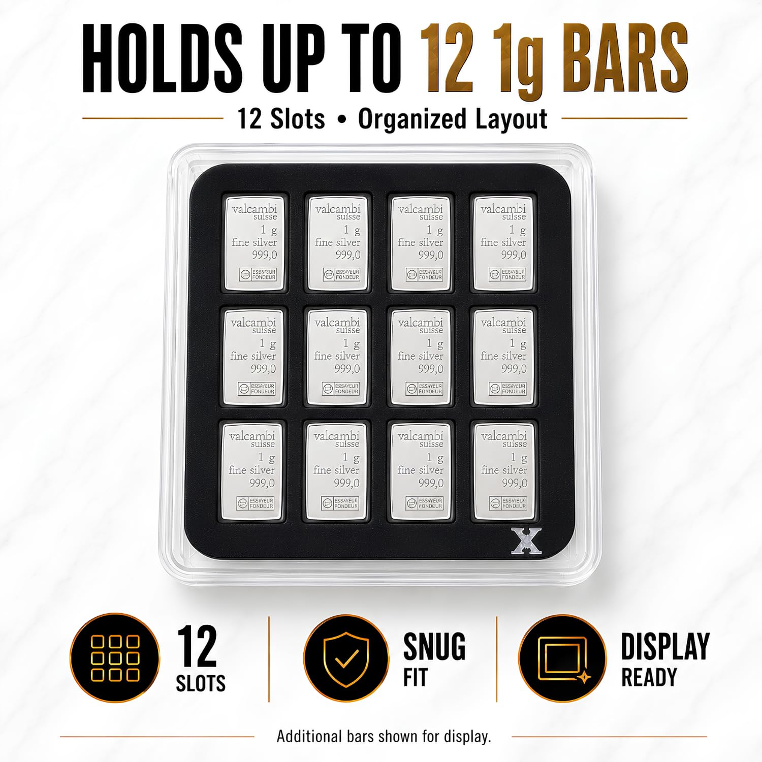 XplrsAttic 1 Gram Silver Bar Display Case 12-Slot Bullion Holder for Valcambi Style CombiBars, Fractional Gold Silver Platinum Stacker Organizer, Wide Format Clear Display Case, Case Only