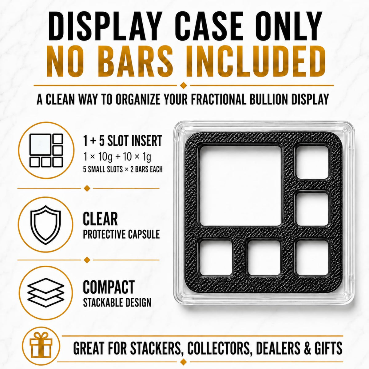 XplrsAttic 10g & 1g Square Bar Display Case, Geiger Style Gold Silver Bullion Capsule Holder, Fits 1x 10 Gram + Up to 10x 1 Gram, Coin Holder Case, Bars Not Included