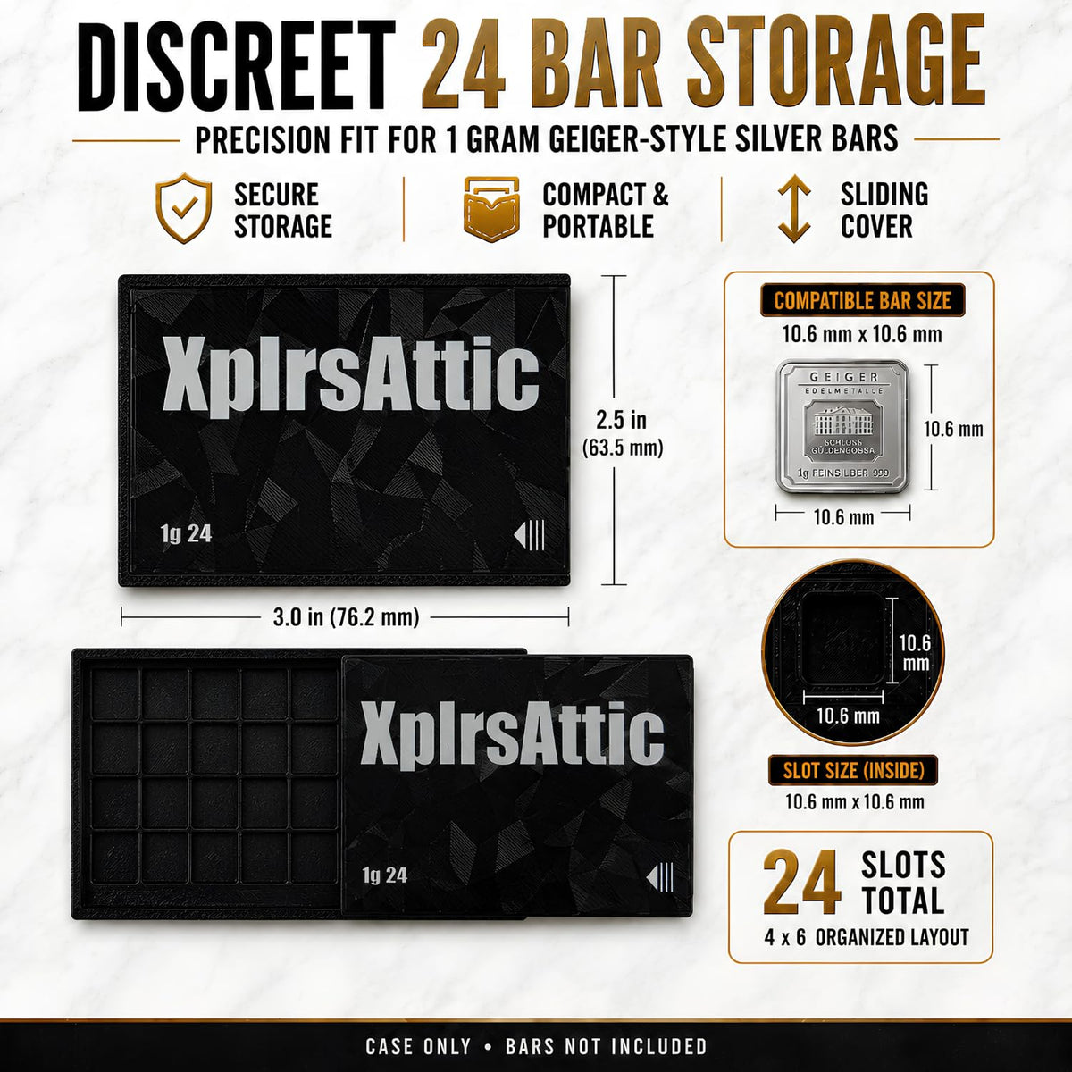 XplrsAttic 1 Gram Bullion Bar Storage Case - 24-Slots Wallet for Geiger-Style Fractional Gold & Silver Bars, Compact Stacker Organizer, Case Only