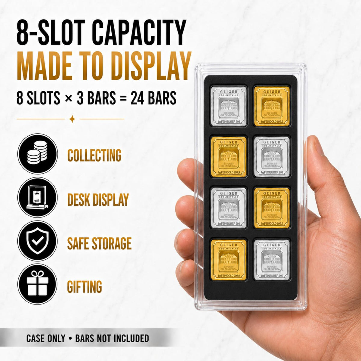XplrsAttic 1 Gram Square Bar Display Case, Holds 24 Geiger Style Gold Silver Bars, 8 Deep Slots Stack 3 Per Slot, Clear Stackable Coin Collection Holder, Case Only