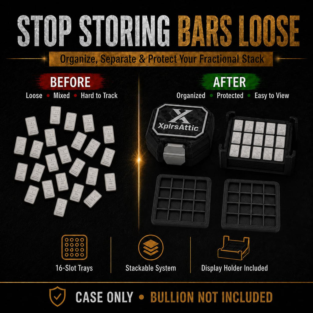 XplrsAttic 160-Slot Bullion Bar Storage Case - 1 Gram Silver, Gold Fractional Bar Organizer, 10 Removable 16-Slot Trays, Compact Display Holder, Case Only
