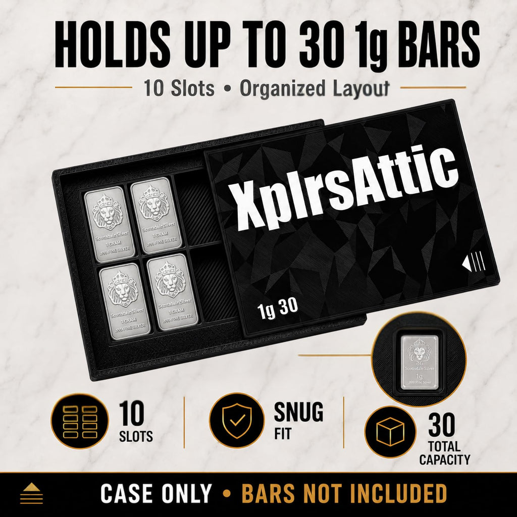 XplrsAttic 1 Gram Bar Storage Case with Slide Cover-10 Slots Tray Holds Up to 30 Scottsdale Style Mini Bars, Compact Bullion Display Organizer, Case Only