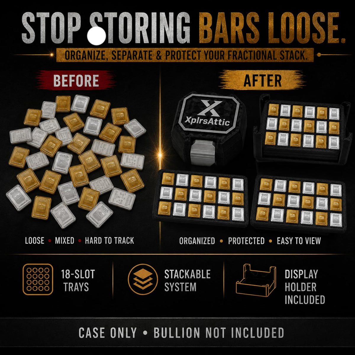 XplrsAttic 180-Slot Bullion Bar Storage Case - 1 Gram Geiger-Style Square Bar Organizer, 9 Removable 18-Slot Trays, Compact Display Holder, Case Only