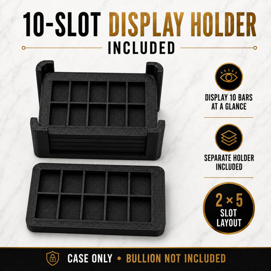 XplrsAttic 100-Slot Scottsdale Mint Bar Storage Case - 1 Gram Bullion Organizer, 10 Removable 10-Slot Trays, Compact Display Holder for Desk, Safe & Collector Storage, Case Only