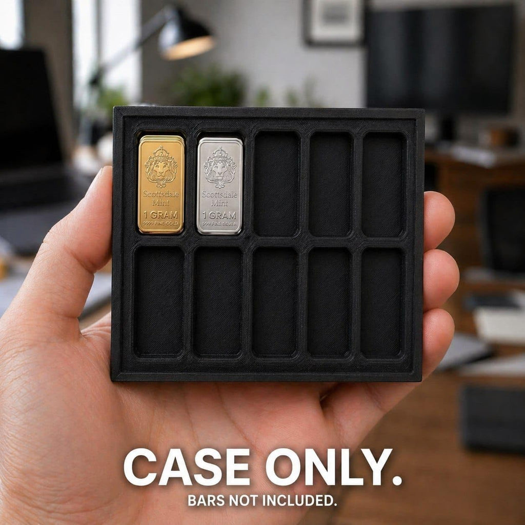 1 Gram Bar Storage Case with Slide Cover, 10-Slot 3D Printed Holder Tray, Holds up to 30 Scottsdale-Style Mini Bars, Compact Black Display Organizer, Case Only