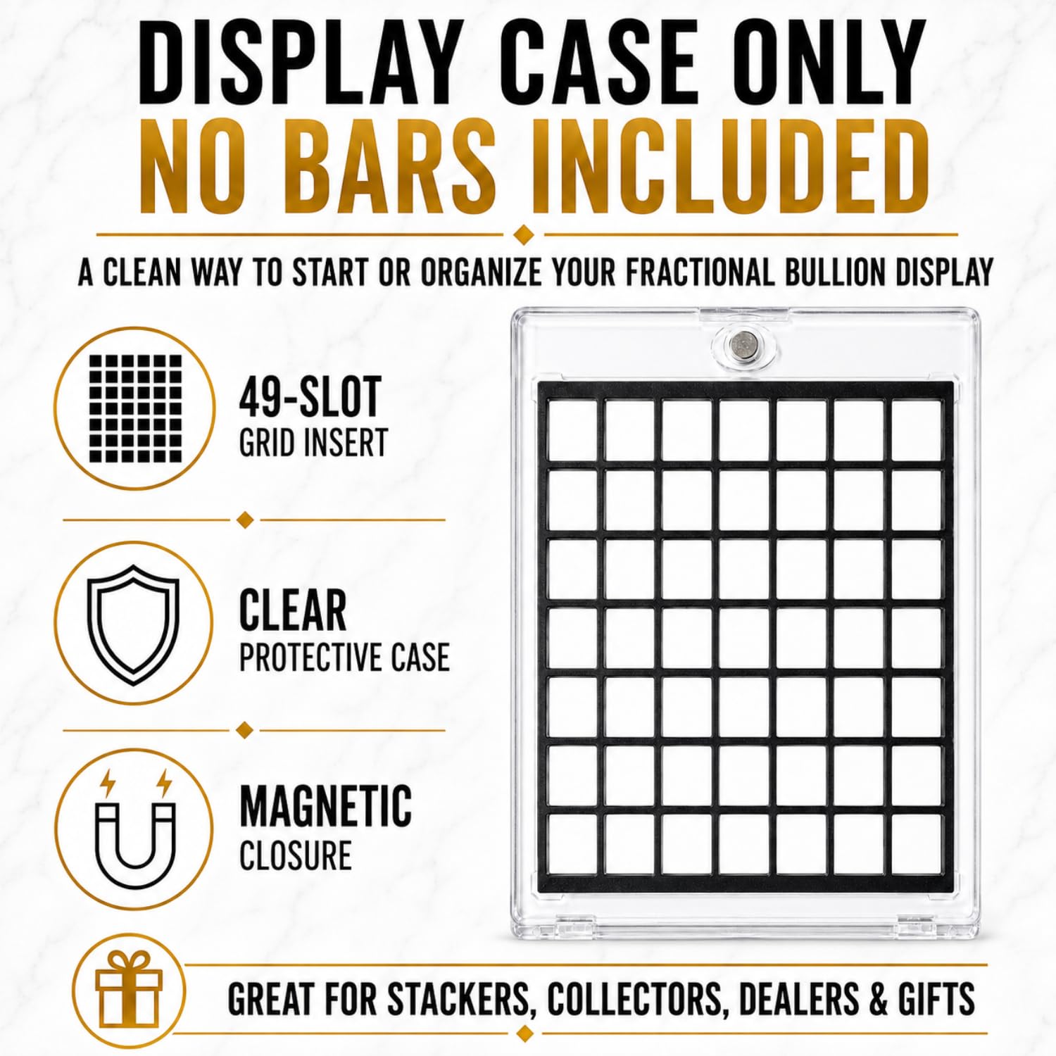 XplrsAttic 1 Gram Silver Bar Display Case, 49 Slot Bullion Holder for Valcambi Style CombiBars, Fractional Gold Silver Platinum Stacker Organizer for Desk, Safe & Collector Storage, Case Only