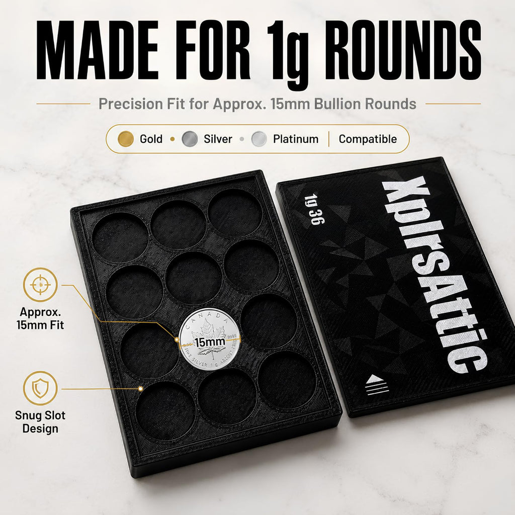 XplrsAttic 1 Gram Round Storage Case - 36-Slot Holder for Gold, Silver & Platinum Bullion Rounds, 15mm Precision Slots with Sliding Cover