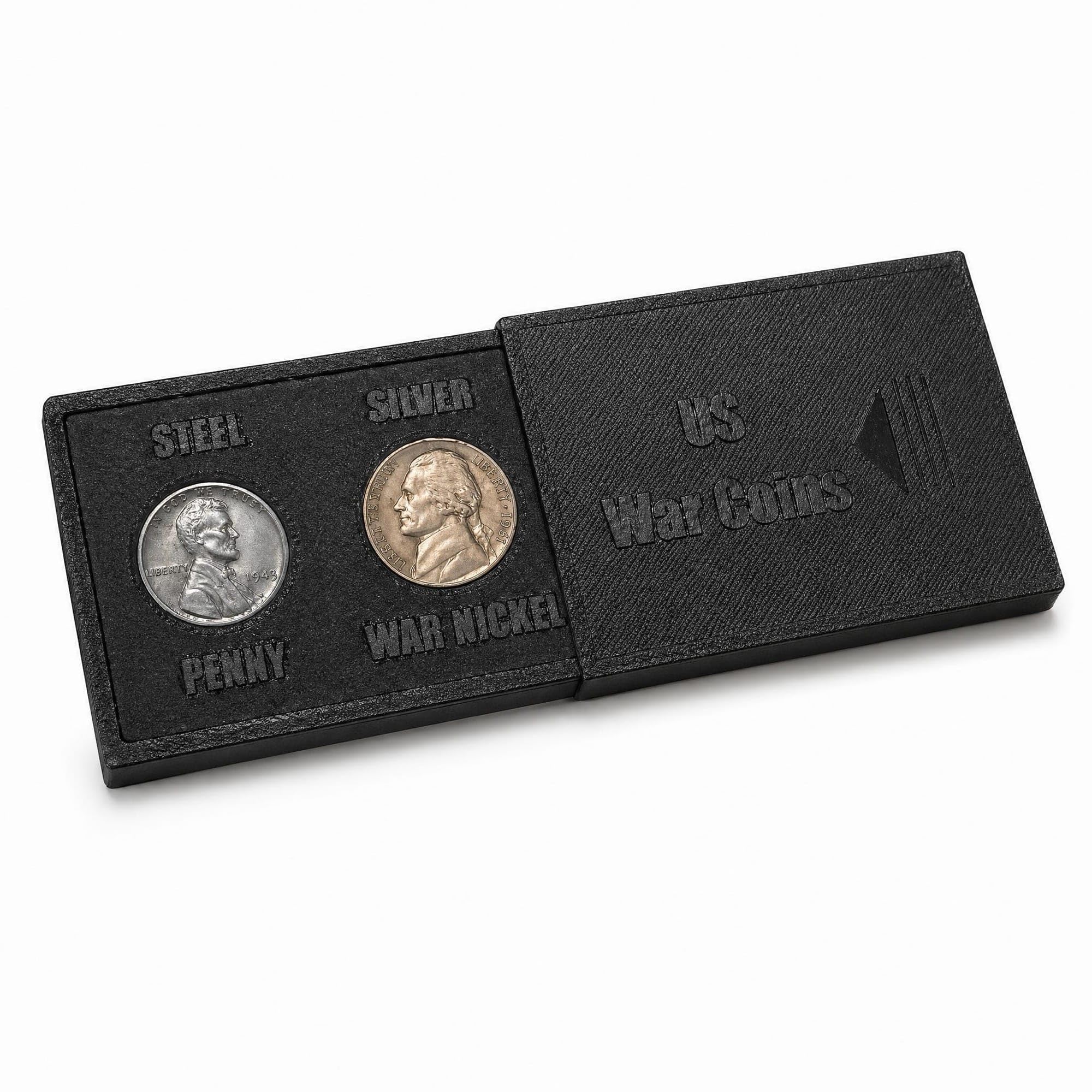WWII War Coins Display Case with Authentic Steel Penny & Silver War Nickel – US Historical Coin Holder, 2 Slot Collector Display, Educational WWII Memorabilia Gift